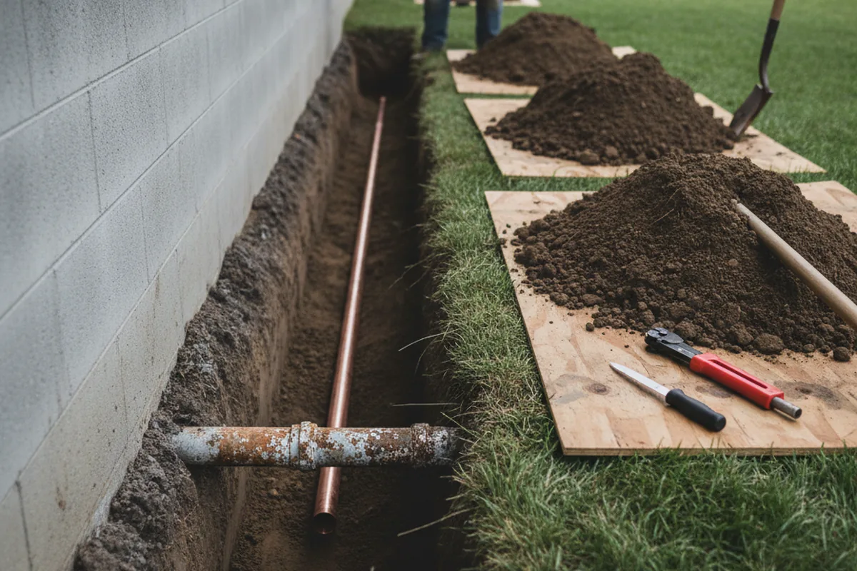 Excavated water line trench during Sewer Line Repair in Pinch
